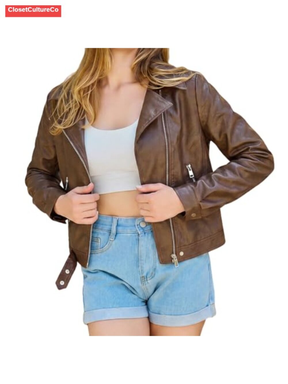Women's Cropped Faux Leather Moto Jacket Slim Fit Biker Coat